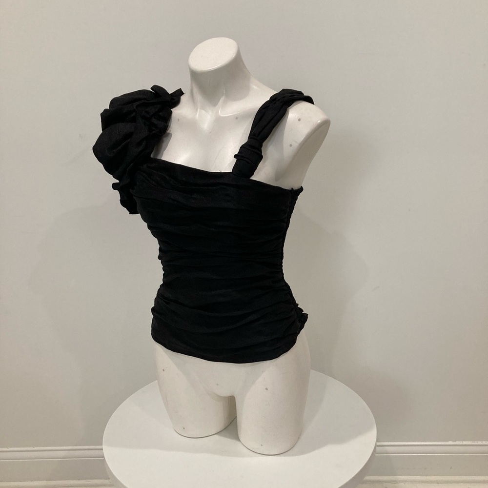 NWOT BEBE Black Ruched Organza Halter Top Ruffled Straps Small - Picture 4 of 16